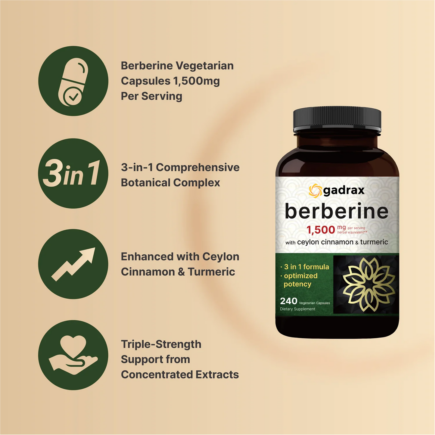 Gadrax Berberine Supplement 1500mg, 240 Veggie Capsules
