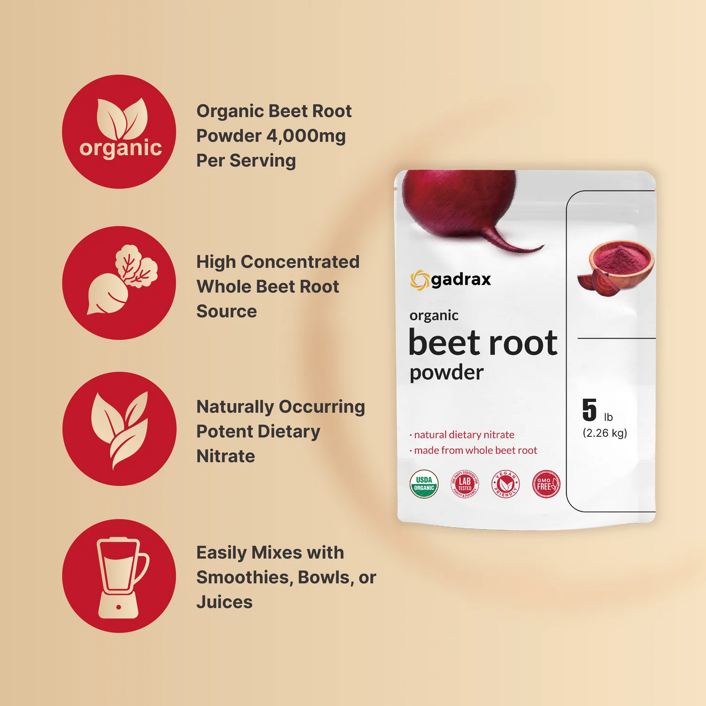 Gadrax Organic Beet Powder 4,000mg | 5lbs