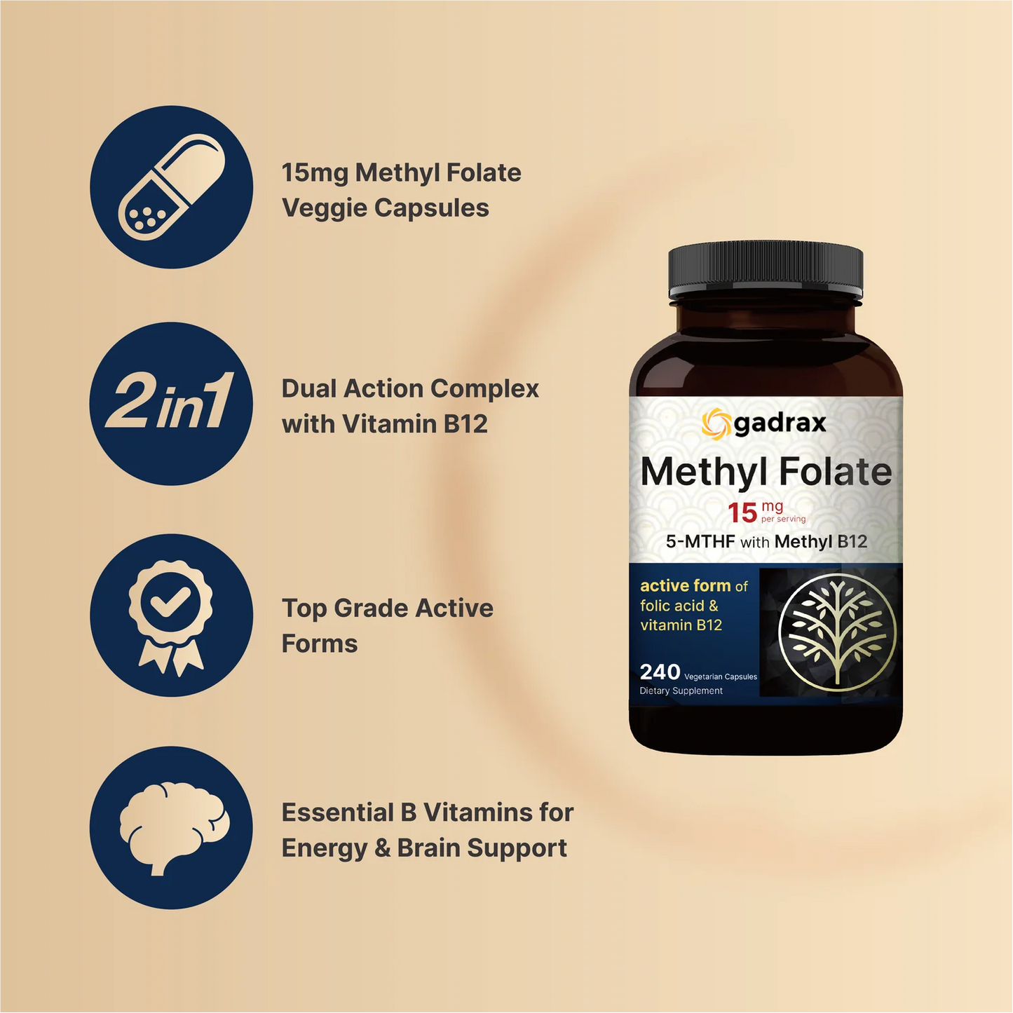 Gadrax L Methylfolate 15mg (5-MTHF) with Methyl B12 1,000mcg, 240 Vegetarian Capsules