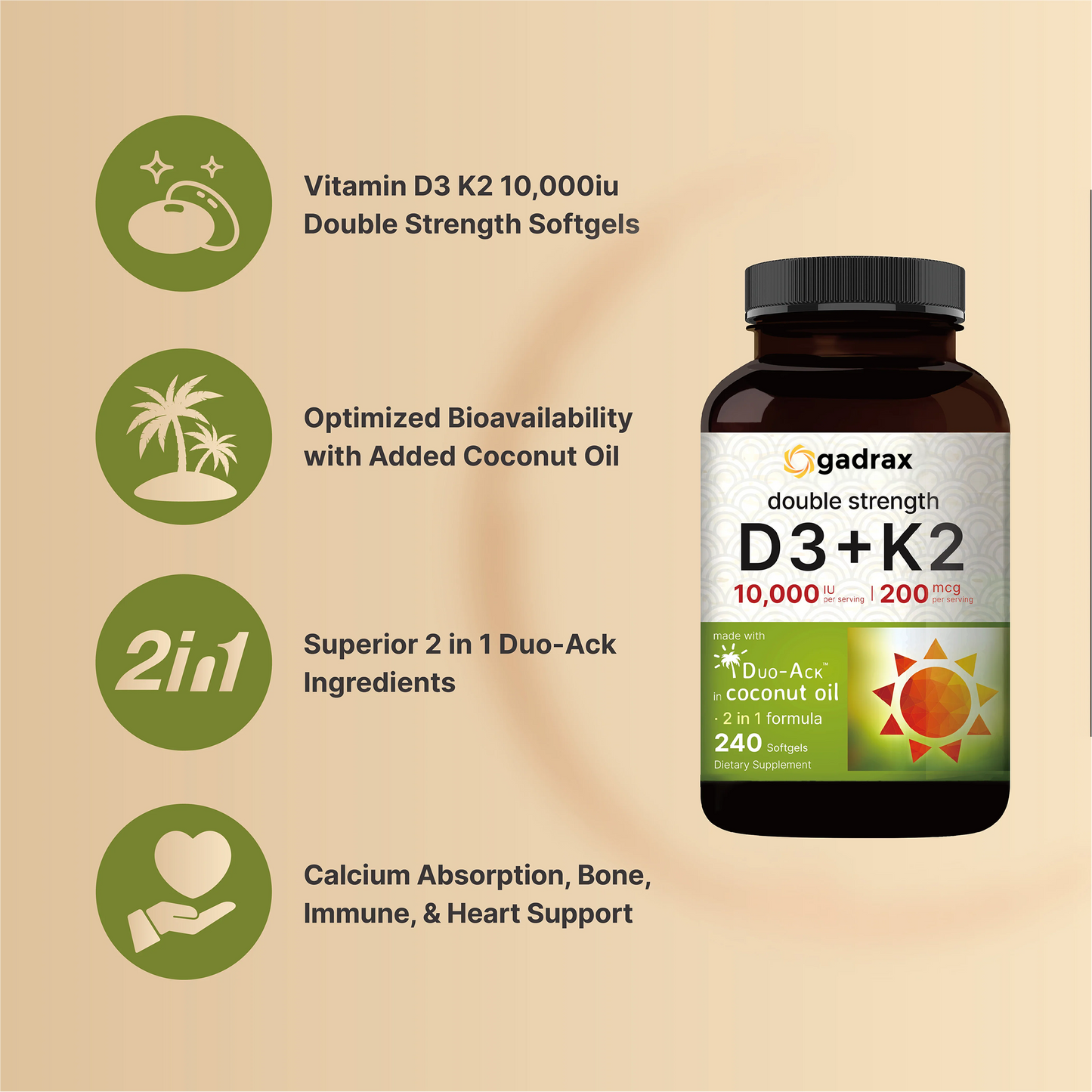 Gadrax Vitamin D3 K2 (10,000 IU Vitamin D + 200mcg Vitamin K MK-7) 240 Softgels