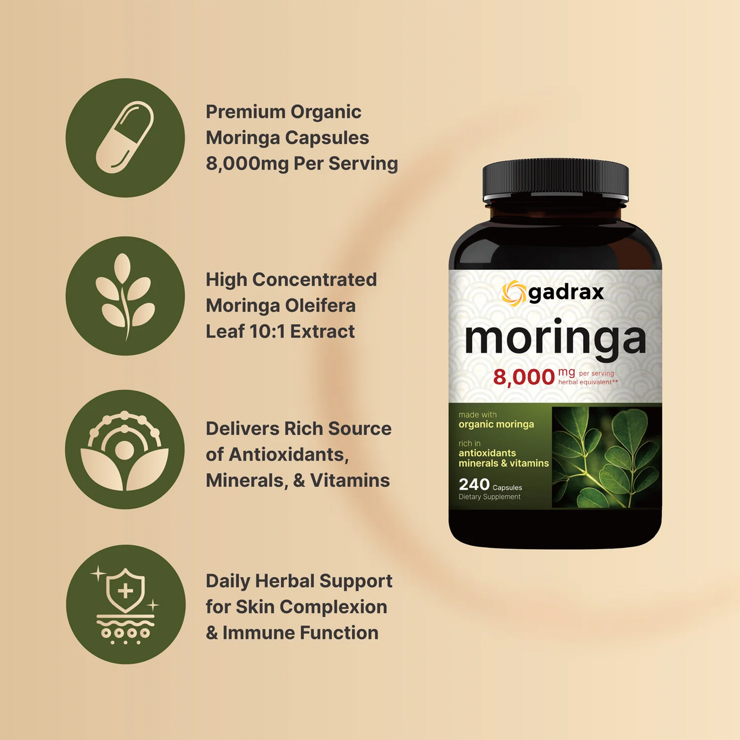 Gadrax Moringa Capsules (Made with Organic Moringa Powder), 8000mg Per Serving, 240 Counts