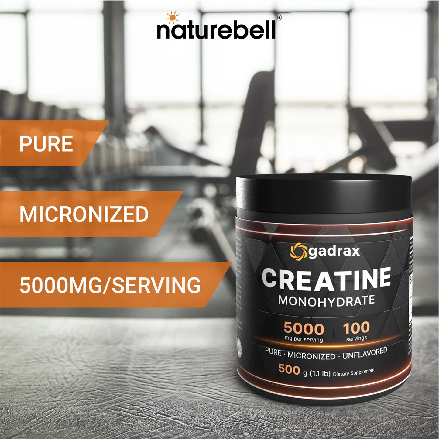 Gadrax Creatine Monohydrate Powder, 5000mg Per Serving