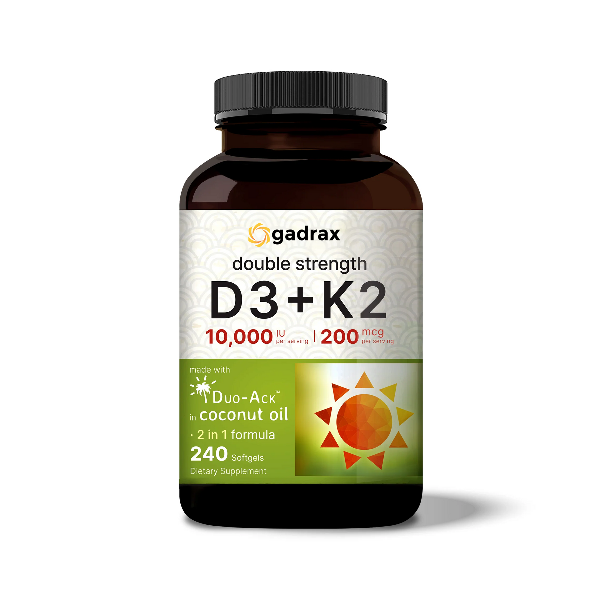 Gadrax Vitamin D3 K2 (10,000 IU Vitamin D + 200mcg Vitamin K MK-7) 240 Softgels™