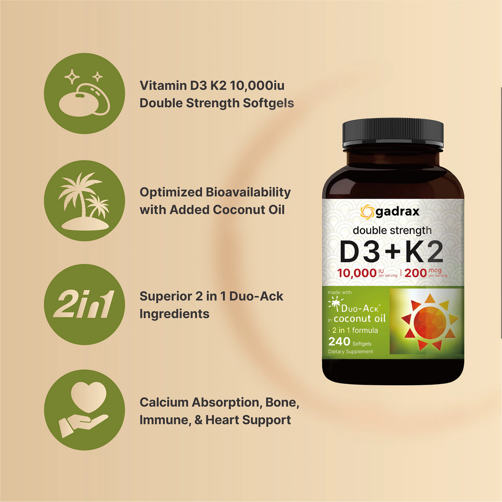 Gadrax Vitamin D3 K2 (10,000 IU Vitamin D + 200mcg Vitamin K MK-7) 240 Softgels™