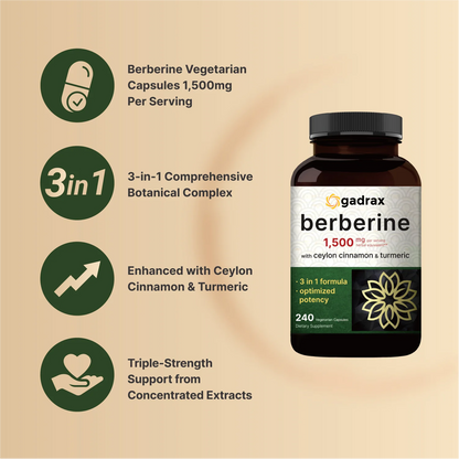 Gadrax Berberine Supplement 1500mg, 240 Veggie Capsules
