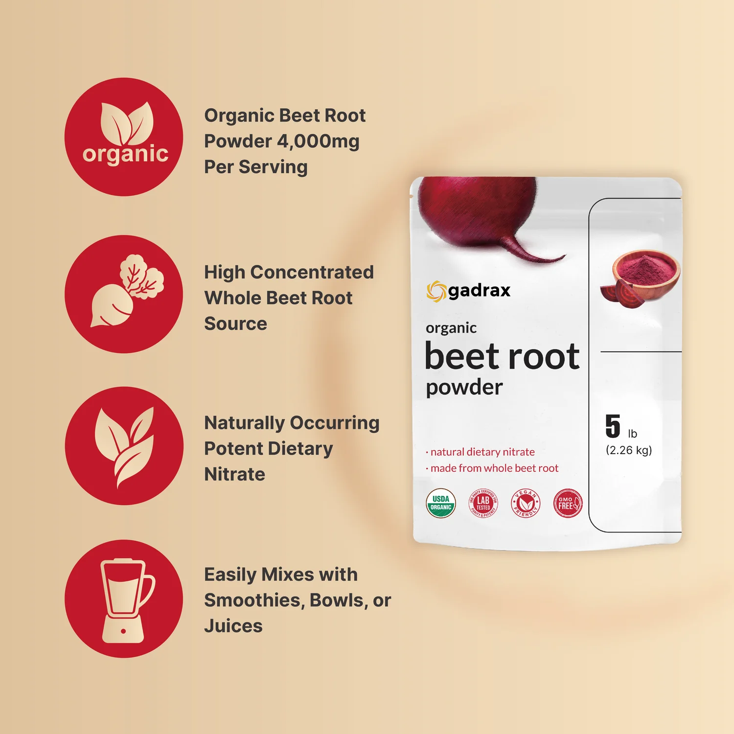 Gadrax Organic Beet Powder 4,000mg | 5lbs™