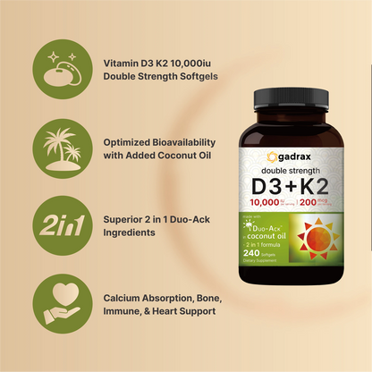 Gadrax Vitamin D3 K2 (10,000 IU Vitamin D + 200mcg Vitamin K MK-7) 240 Softgels